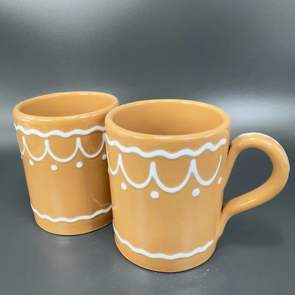 Pier 1 Coffee Mug Cup Brown Gingerbread White Swirl Mug Hand Painted Italy 2Cups